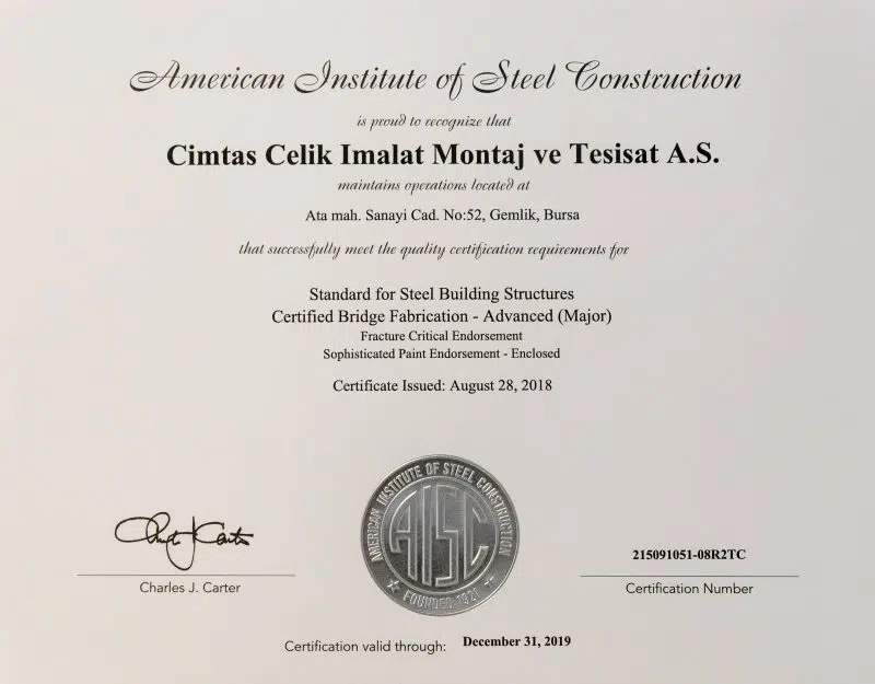 ÇİMTAŞ ÇELİK / AISC tarafından sertifikalandırılmıştır | ENKA