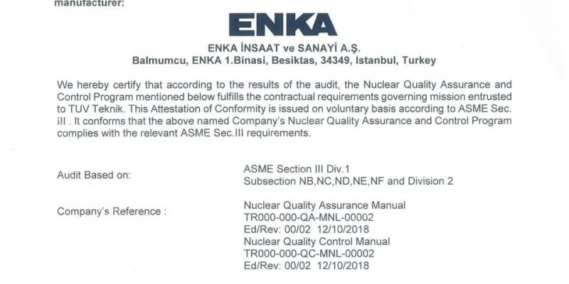 ENKA-ASME-Section-III-Nuclear-Certificate